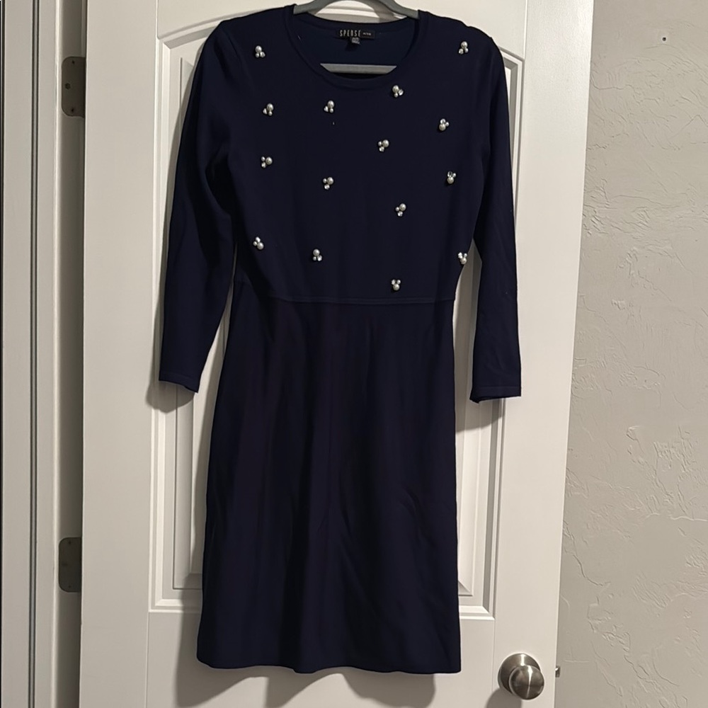 SPENSE PETITE MEDIUM NWOT Navy Sweater Blue Dress with Pearl Embellishments